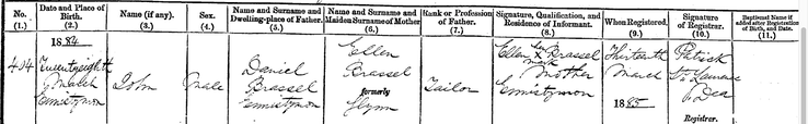 Birth 1884 John Brassell son of Daniel Brassel and Ellen nee Glynn in Ennistymon