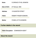 Birth 1884 Record Florence Ethel Somers