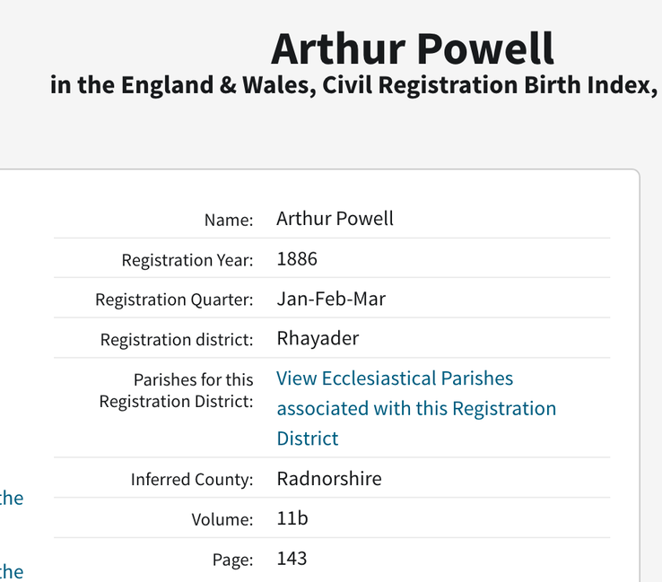 Birth 1886 Arthur Powell husband of Mary Ann Morgan daughter of Thomas