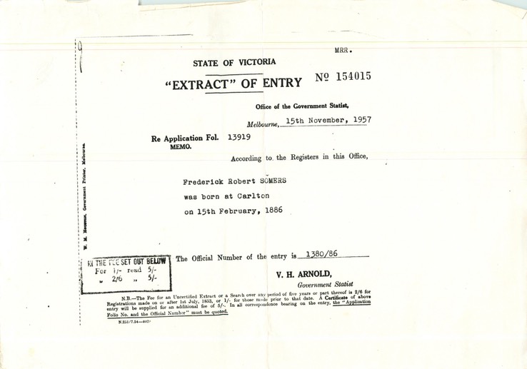 Birth 1886 Certificate Fredrick Robert Somers Carlton