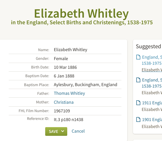 Birth 1886 Elizabeth Whitley (wife of Robert Bell) born 10th March 1886