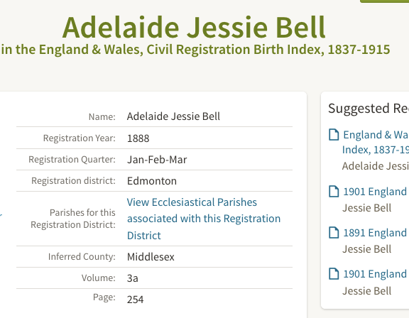 Birth 1888 Jessie Bell (Gertrude Bell's sister) noted as Adelaide Jessie Bell