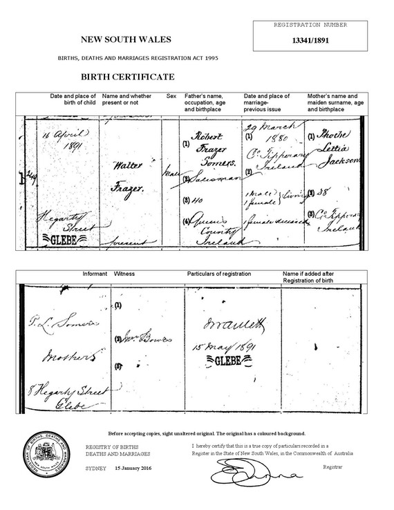 Birth 1891 certificate 1891 Walter Fraser Somers