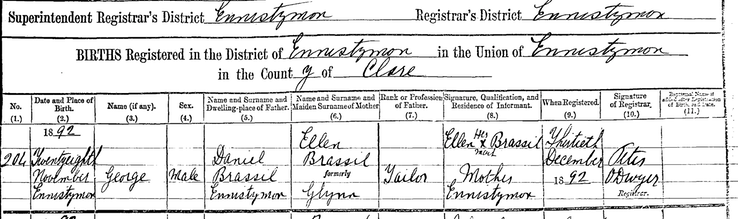 Birth 1892 George Brassell son of Daniel Brassell and Ellen nee Glynn