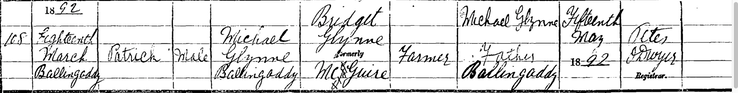 Birth 1892 Patrick Glynn at Ballingaddy son of Michael and Bridget Glynne