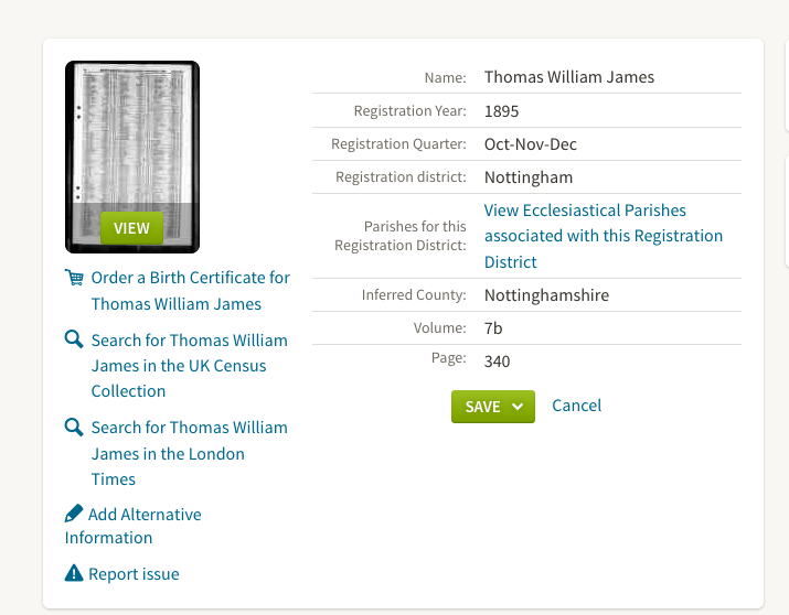 BIRTH 1895 Thomas James son of John James and Annie James (Bell)