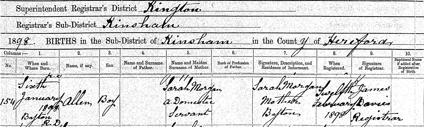 Birth 1898 Allen Morgan to Sarah Morgan in kington