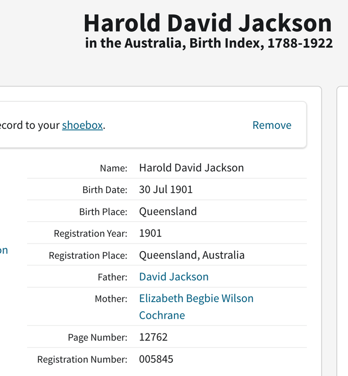 Birth 1901 Harold David Jackson son of David and Elizabeth Begbie Wilson