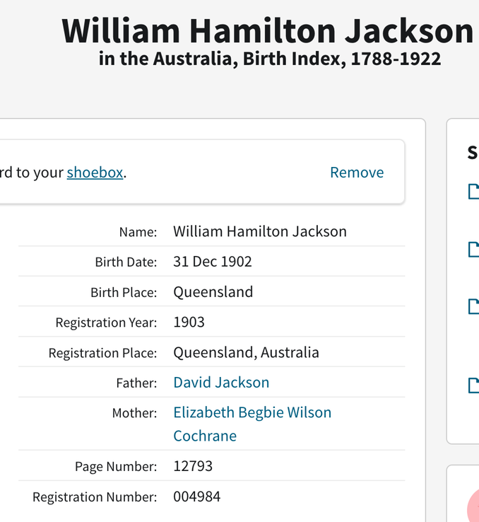 Birth 1902 William Hamilton Jackson son of David Jackson and Elizabeth Begbie Cochrane Wilson