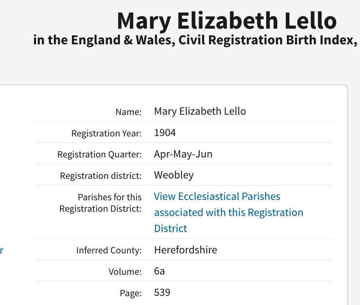 Birth 1904 Mary E Lello daughter of Sarah Ann Morgan