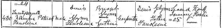 Birth 1904 Patrick Glynn 27th Nov to Denis Glynn and Bridget nee Guthrie at Fanoleen