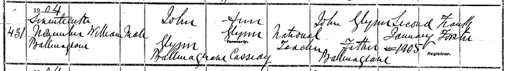 Birth 1904 William Glynn 17th Nov to John Glynn and Ann nee Cassidy at Ballinagrave