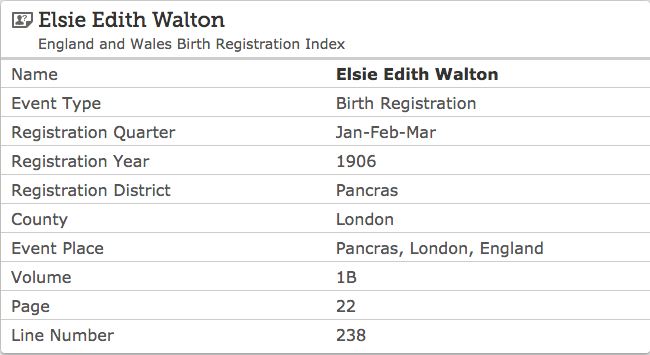 Birth 1906 Elsie Edith Walton (daughter of Albert and gertrude Walton (nee Bell)