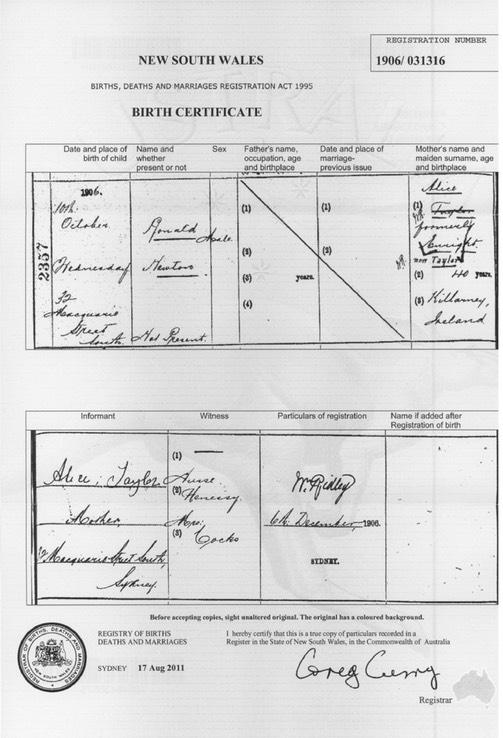 Birth 1906 Ronald Newton Taylor 1906 6th December