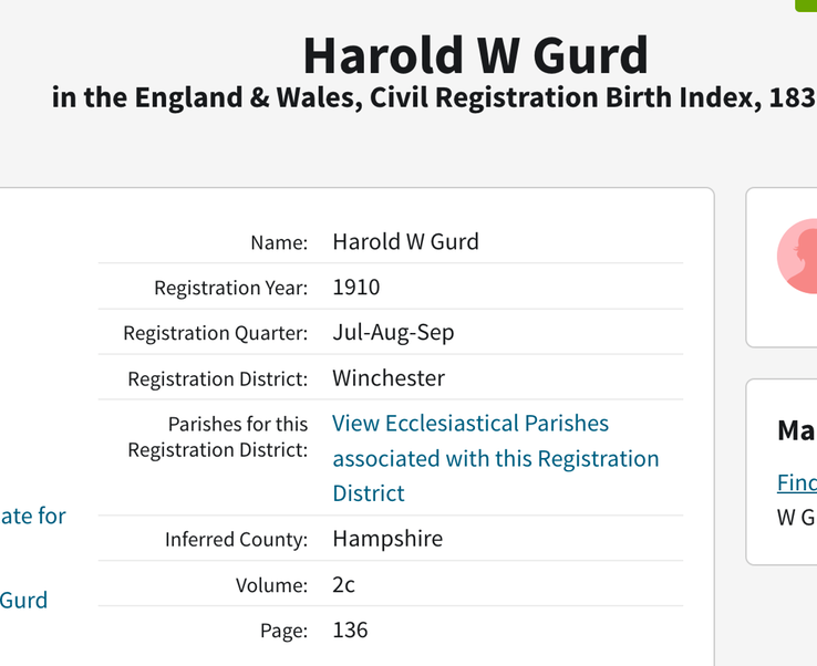 Birth 1910 Harold Gurd