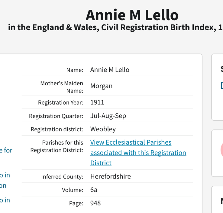 Birth 1911 Annie M Lello  Grand daughter of Thomas Morgan