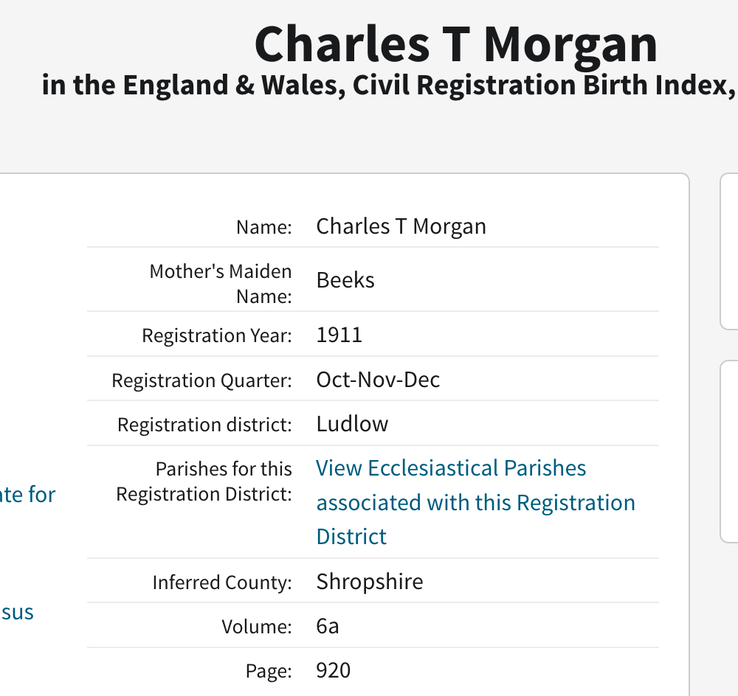 Birth 1911 Charles Thomas Morgan son of Thomas Morgan from Monkland