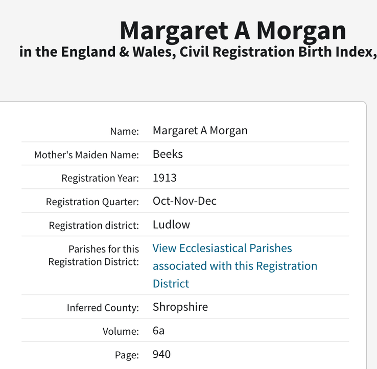 Birth 1913 Margaret A Morgan daughter of young Thomas Morgan