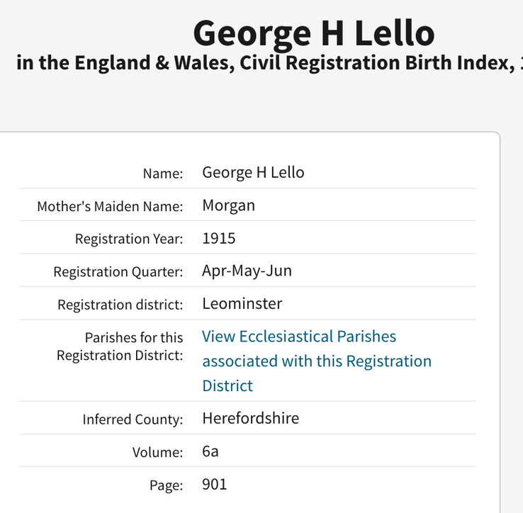 Birth 1915 George H Lello son of Sarah Ann Lello