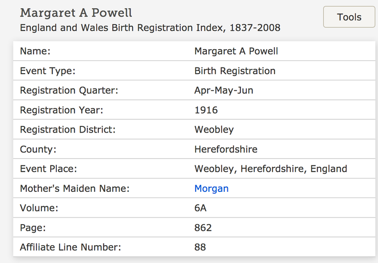 Birth 1916 Margaret A Powell daughter of Mary Ann Morgan CHECK