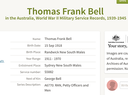 Birth 1918 Thomas Frank Bell (son of George and Georgina Bell born Randwick) in Military in RAN 