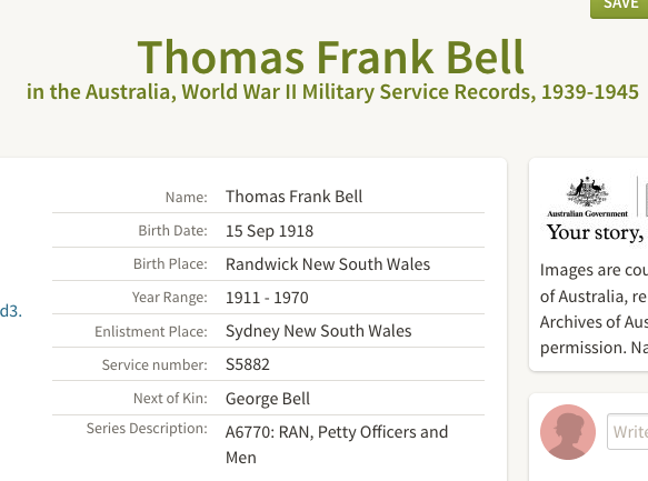 Birth 1918 Thomas Frank Bell (son of George and Georgina Bell born Randwick) in Military in RAN 