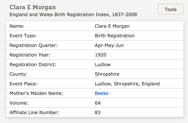 Birth 1920 Clara E Morgan daughter of Thomas and Alice Morgan