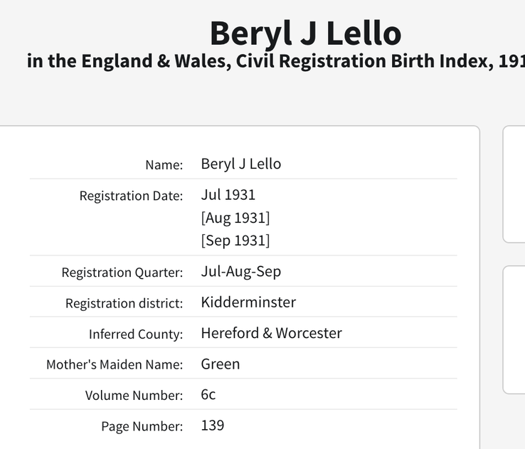 Birth 1931 Beryl J Lello daughter of John T Lello