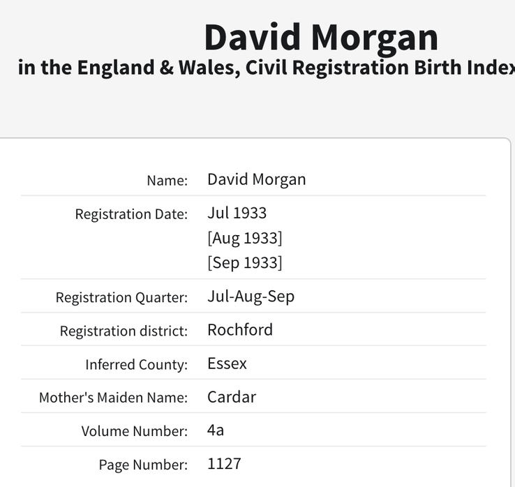 Birth 1933 David Morgan son of Allen Morgan in Essex mother Cardar