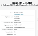 Birth 1933 Kenneth JE Lello son of John T Lello