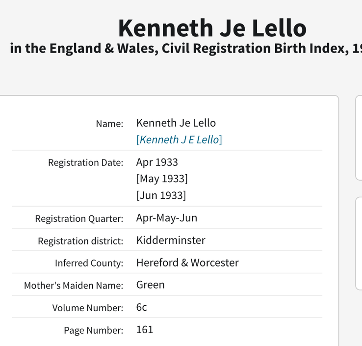 Birth 1933 Kenneth JE Lello son of John T Lello