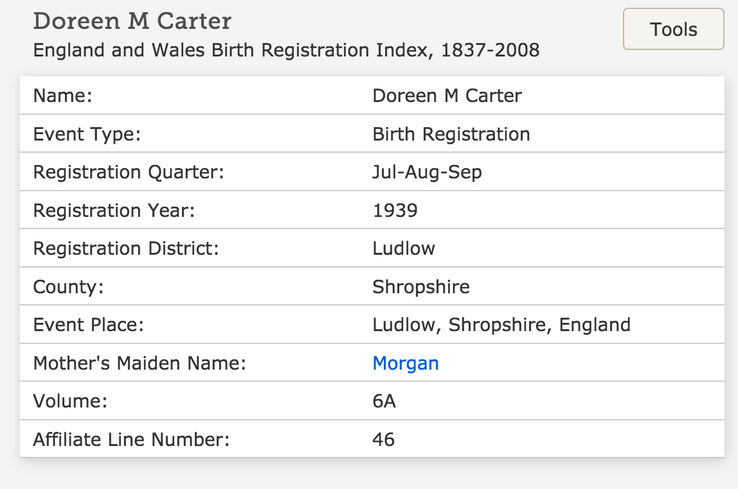 Birth 1939 Doreen M Carter daughter of Clara E Carter nee Morgan