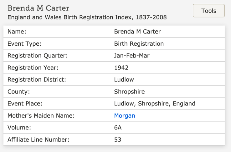 Birth 1942 Brenda M Carter daughter of Clara E Carter nee Morgan