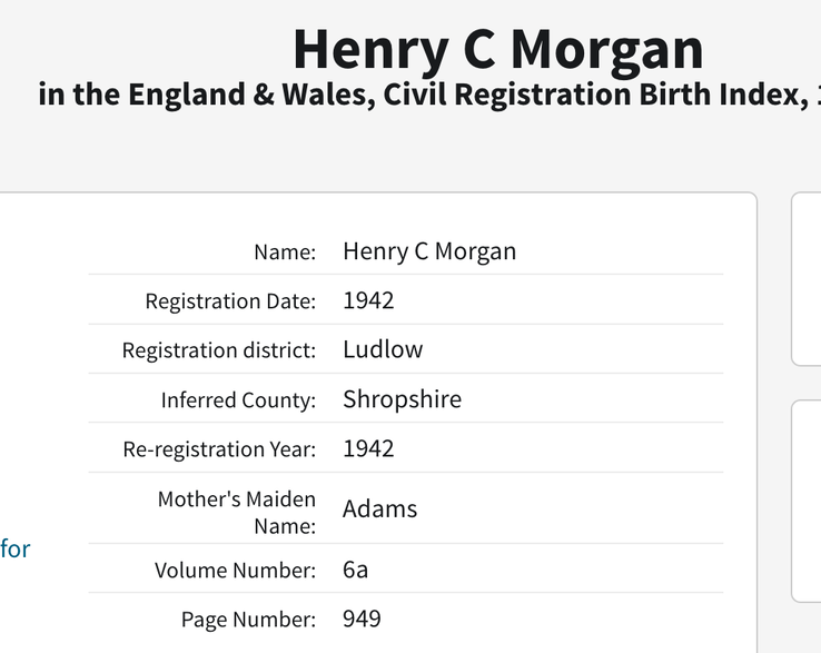 Birth 1942 Henry Charles Morgan grandson of Thomas Morgan from Monkland