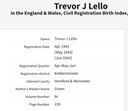 Birth 1943 Trevor J Lello son of John T Lello