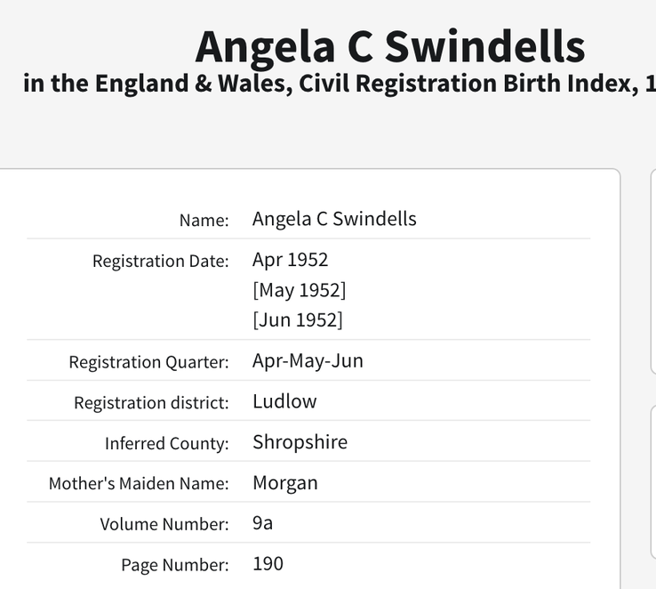 Birth 1952 Angela C Swindells daughter of Margaret Morgan