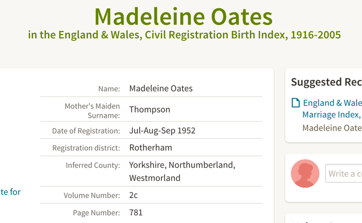 Birth 1952 Madeleine Oates