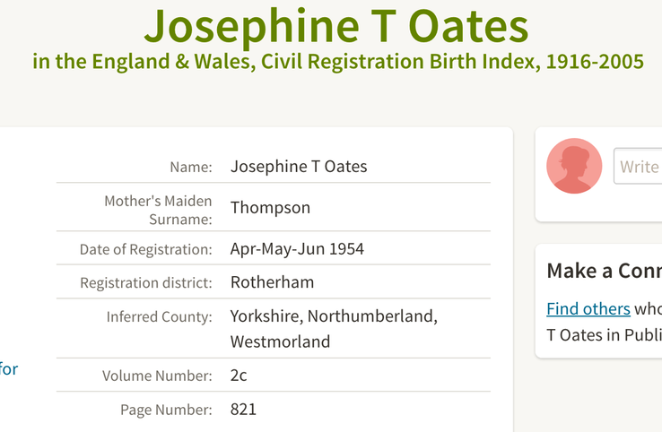 Birth 1954 Josephine T Oates daughter of Thomas Bell Oates