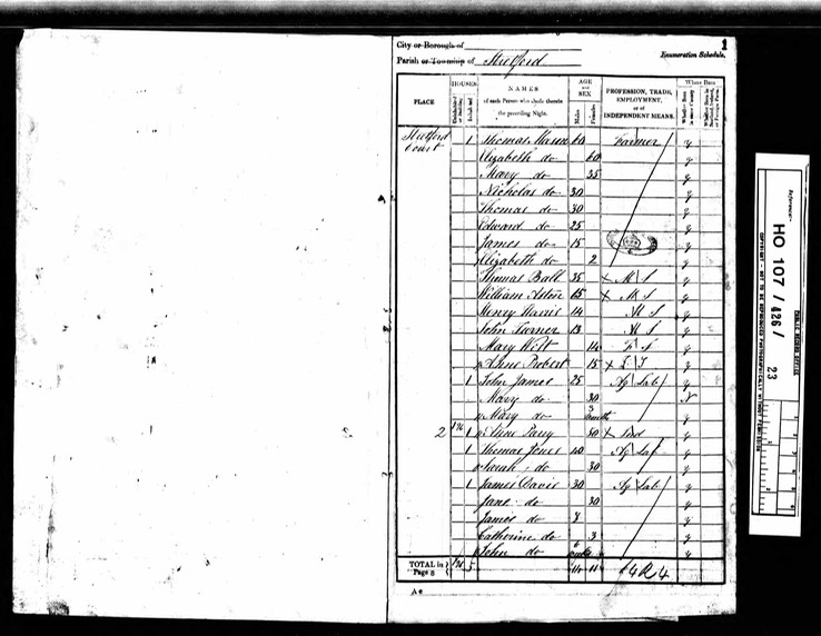 Census 1841 Thomas Mason living Stretford Court from John Morgan trial