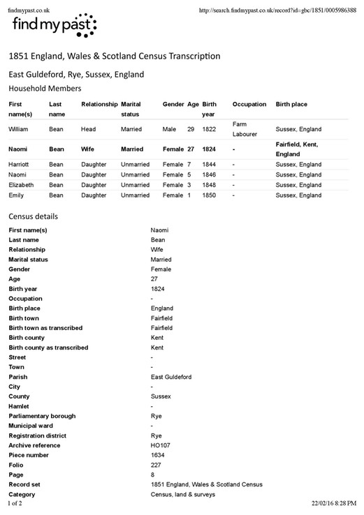 Census 1851 Bean Family Naomi Bean born 1824 and daughter Naomi in 1846 (Charles Skeggs Wife)