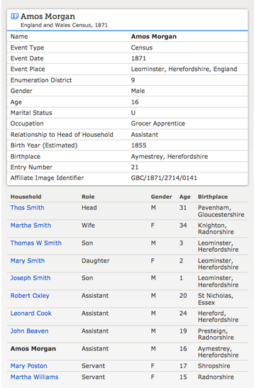 Census 1871 Amos Morgan son of Emma Morgan age 16 Emma is daughter of Mary Morgan of Wigmore