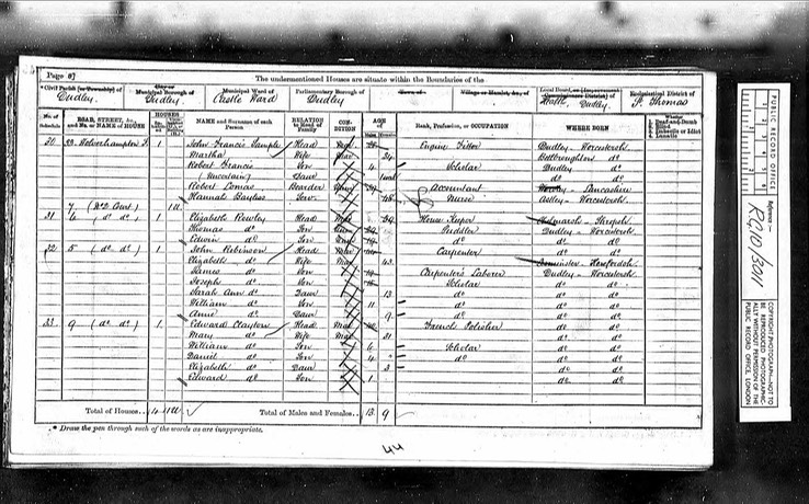 Census 1871 Elizabeth Robinson nee Morgan 5 no 2 court Wolverhampton St Dudley with John