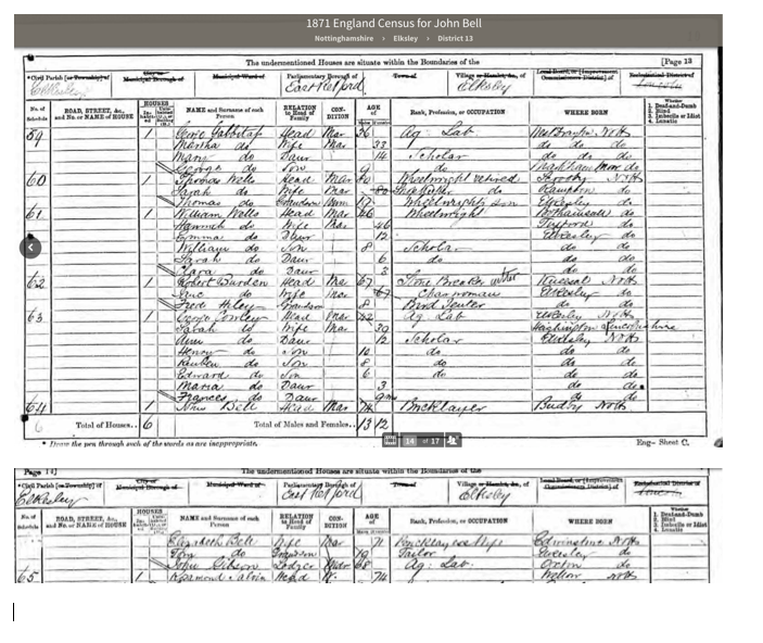 CENSUS 1871 John Bell and Elizabeth Bell at Eckesley