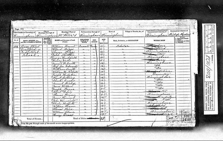 Census 1871 William Henry Nicholls son of Mary Ann Watkins at school in Birmingham