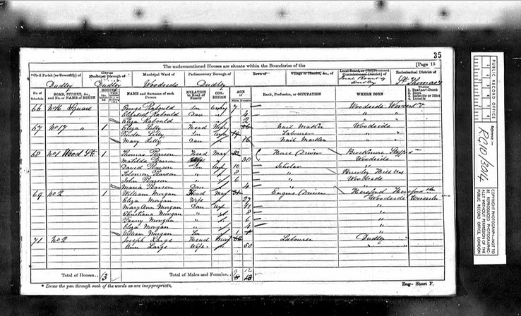 Census 1871 William Morgan with 2nd wife Eliza Morgan living 1 Wood St Dudley