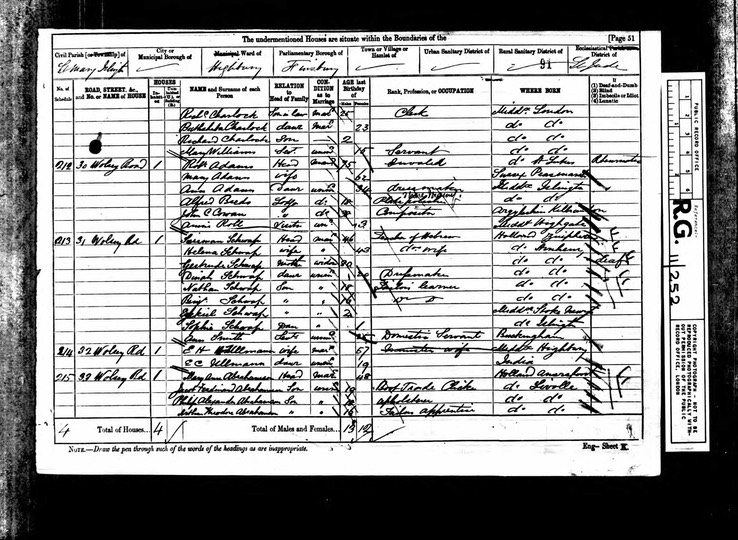 CENSUS 1881 Robert Adams father of Elizabeth Adams at St Mary Islington as an invalid