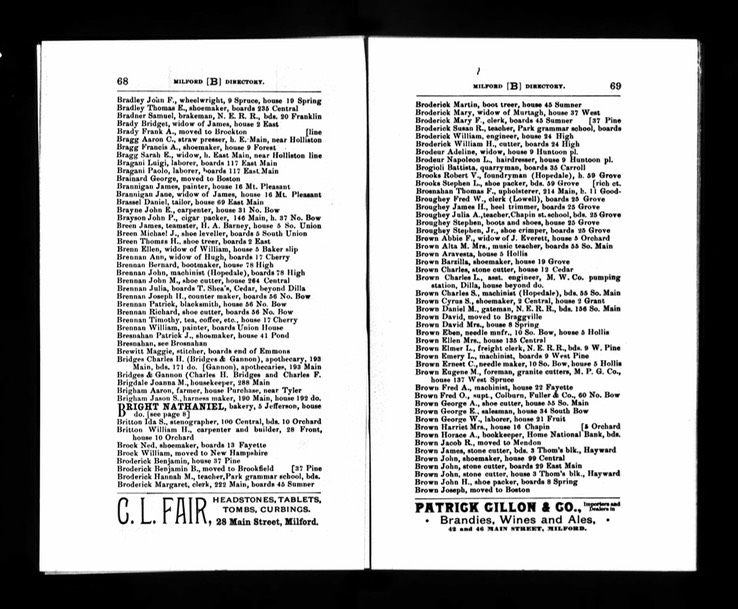 Census 1896 Daniel Brassell at 69 East Main Milford Massachusetts