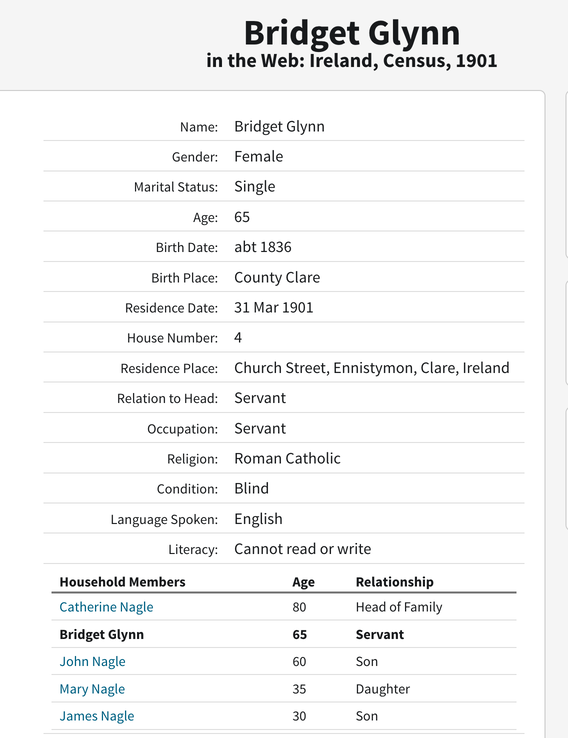 Census 1901 Bridget Glynn in Ennistymon