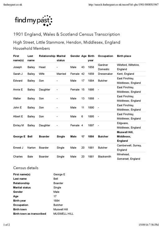 Census 1901 George E Bell (born 1883 Muswell Hill), living Stanmore Middlesex as butcher