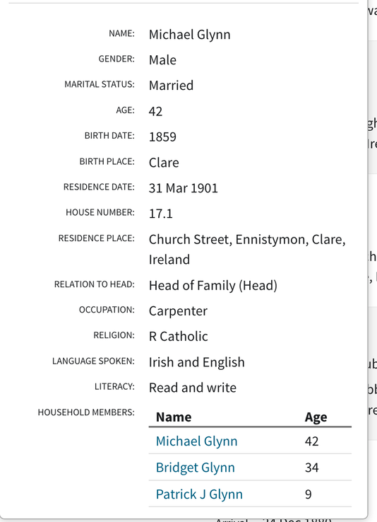 Census 1901 Michael Glynn son of Patrick in Church st Ennistymon